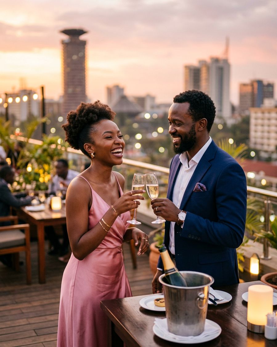 A couple sharing a toast on a Nairobi rooftop at sunset